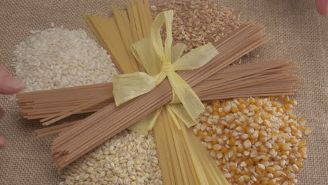 Mixed-cereals-wholemeal-integral-pasta-spaghetti,-mais-rice-barley-spelt-Mediterranean-diet,-vegan-vegetarian-nutrition