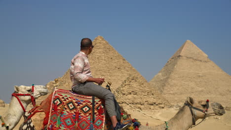 Man-Riding-Camel-In-Desert,-Giza-Pyramid-In-Background,-Cairo,-Egypt---closeup,-slow-motion