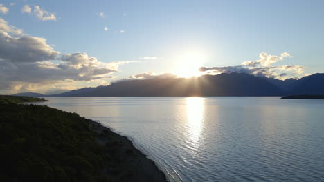 Wide-aerial-view-of-sunset-on-Lake-Te-Anau-in-New-Zealand