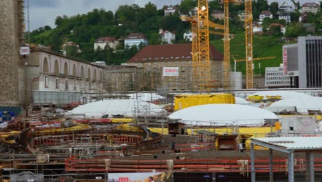 Stuttgart-21-massive-building-site-train-station-in-Germany-Overview-cloudy-day