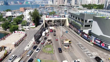 Verkehr-In-Und-Aus-Hong-Kong-Cross-Harbour-Tunnel,-Luftbild