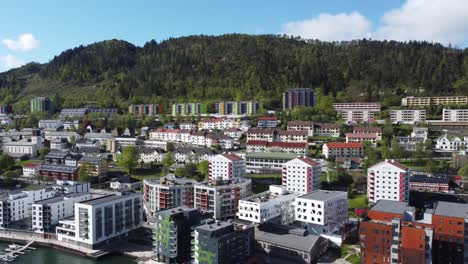 Amazing-colorful-architecture---Apartment-buildings-in-Lovstakken-and-Solheimsviken-area---Aerial-Bergen-Norway