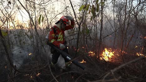 Feuerwehrmann,-Der-Mit-Einem-Gebläse-Einen-Waldbrand-In-Der-Savanne-Bekämpft