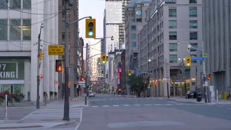 Toronto-cityscape-with-empty-streets-and-traffic-light-system-turning-red