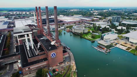 Aerial-drone-View-Over-Volkswagen-Factory-In-Wolfsburg-Chimney-Towers