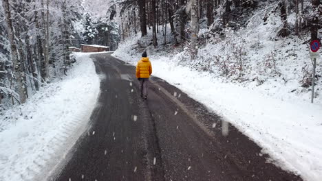 Person-wearing-orange-winter-jacket-walking-on-forest-road-during-snowfall,-back-view
