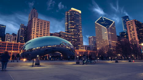 Chicago,-Cloud-gate-sculpture,-millennium-park,-cinemagraph-animated-effect,-timelapse,-sky-replacement,-clouds