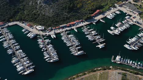 Marina-in-Primosten,-Dalmatia-region-of-Croatia---aerial-drone-shot