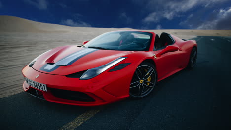Ferrari-sports-red-muscle-car,-timelapse-sky-replacement-effect,-automobile,-transport,-vehicle,-power-luxury-modern-racing-illustration