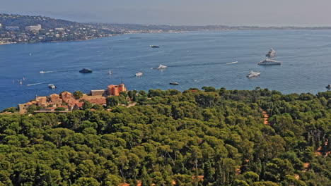 Cannes-France-Aerial-v25-panoramic-pan-shot-around-historic-fort-royal-on-sainte-marguerite-overlooking-mediterranean-sea---July-2021