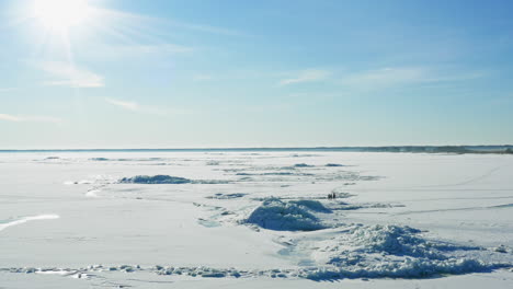 Menschen,-Die-An-Einem-Sonnigen-Wintertag-Auf-Einem-Schneebedeckten,-Zugefrorenen-See-Spazieren