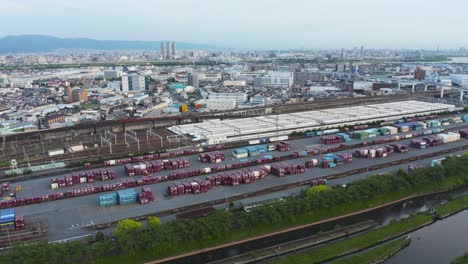 Aerial-view-of-Cargo-logistics-depot-and-Shinkansen-train-station