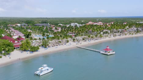 Aerial-approaching-shot-of-tropical-sandy-beach-with-palm-trees-and-scenic-landscape