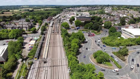 Rising-drone-shot-of-Transport-links-to-Colchester-in-Essex,-UK
