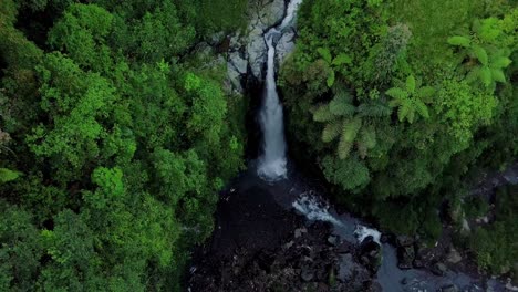 Drohnenaufnahme-Eines-Idyllischen-Wasserfalls-Im-Dschungel-Mit-Bäumen-Und-Gras-Am-Morgen---Kedung-Kayang-Wasserfall-In-Indonesien