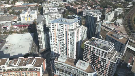 Aerial-view-of-high-rise-apartment-complexes-from-above-at-the-Southern-Suburb-of-Sydney,-Wolli-Creek