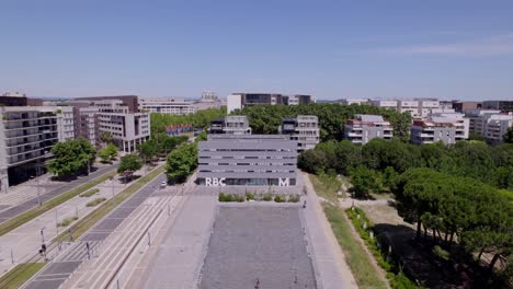 Modern-block-looking-buildings-aerial-in-Montpellier,-France