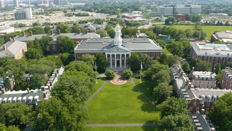 Harvard-Business-School-in-Summer,-Cinematic-Aerial-Establishing-Shot