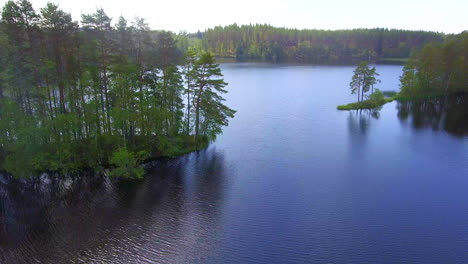 Bank-Turn-Drohnenvideo-Eines-Finnischen-Waldsees-Mit-Zwei-Kleinen-Kaps