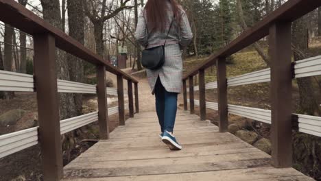 Female-is-going-on-the-wooden-bridge-away-from-camera