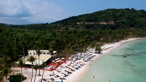 Aerial-establishing-shot-of-busy-white-sand-beach-lined-with-palm-trees,-sun-loungers-and-beach-resort