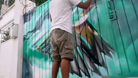 Artista-De-Graffiti-Está-Pintando-Con-Spray-Un-Pájaro-Tropical-En-Una-Puerta-De-Metal