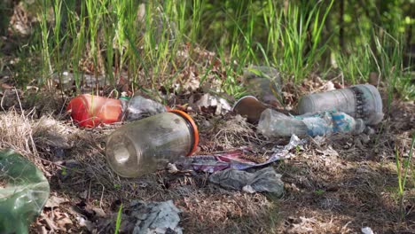 Pollution-in-nature---plastic-and-glass-garbage-near-forest,-close-up