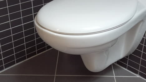 Toilet-bowl,-lavatory-in-modern-bathroom-with-black-and-grey-tiles,-HD-1080p,-close-up,-tilt-down-move