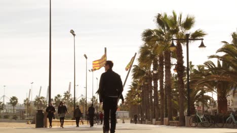 Menschen,-Die-Im-Wunderschönen-Valencia,-Spanien,-Die-Esplanade-Entlanggehen,-Mit-Spanischer-Flagge-Und-Im-Wind-Wehenden-Palmen