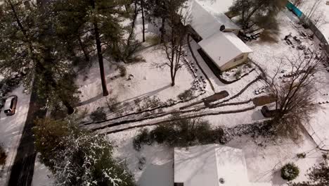 Aerial-Looking-Down-on-Snow-Covered-Rooftops-of-Rural-Neighborhood-and-Pine-Trees-in-Winter