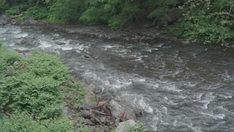 The-Wissahickon-Creek,-high-angle,-flowing-over-rocks-and-stones