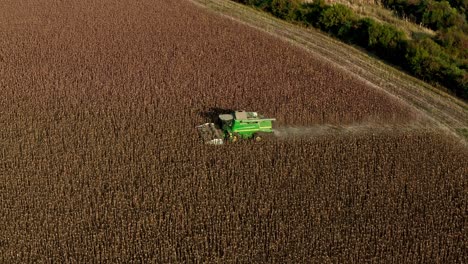 Aerial-drone-shot-of-John-Deere-tractor-harvesting-sunflower-seeds-during-summer-evening