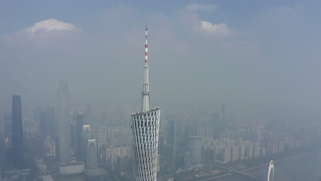 Langsame-Luftdrehung-Um-Die-Spitze-Des-Kantonsturms-Mit-Spitzenmast-Und-Aussichtsplattform-Mit-Riesenradkabinen