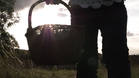 Woman-holding-basket-with-sunset-in-background-medium-shot