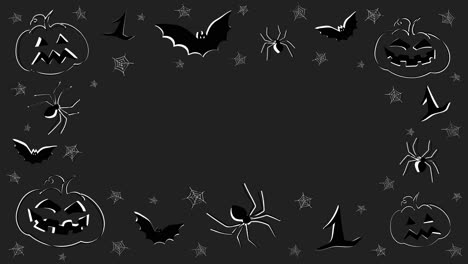 Garabatos-Dibujados-A-Mano-De-Halloween-Detener-La-Animación-En-Movimiento,-Con-Calabazas,-Arañas-Y-Murciélagos,-Sobre-Un-Fondo-Negro