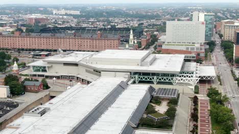 Baltimore-Convention-Center-and-Oriole-Park-at-Camden-Yards,-establishing-shot-for-top-tourist-attractions-in-Baltimore-Maryland,-USA