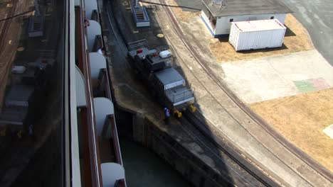 Cruise-ship-exiting-the-chamber-of-Pedro-Miguel-Locks,-Panama-Canal