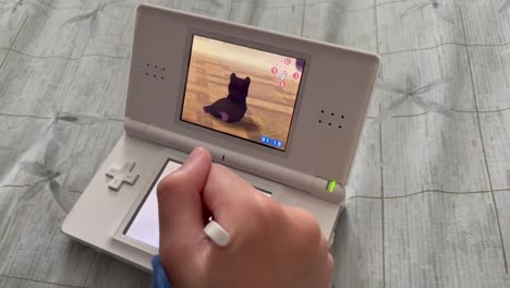 Kind-Spielt-Mit-Einem-Virtuellen-Hundespiel-Mit-Einem-Handheld-Nintendo-DS-Gerät