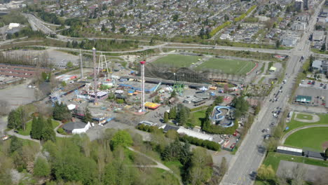 Aerial-drone-view-over-Playland-Amusement-Park-in-Vancouver,-Canada