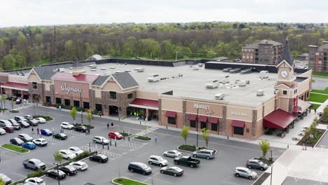 Aerial-establishing-shot-of-Wegman's-grocery-store-supermarket