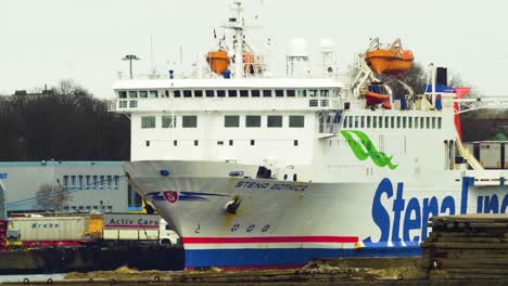 Big-ferry-ship-Stena-Line-parked-at-Port-of-Liepaja-,-overcast-spring-day,-medium-shot-from-a-distance