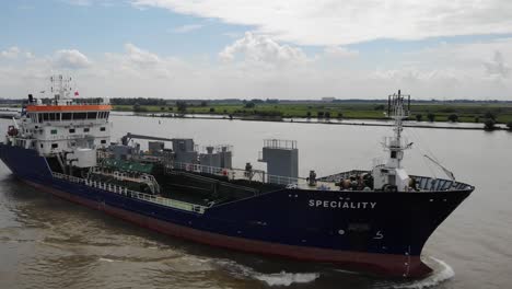 Aerial-Forward-Bow-View-Of-Speciality-Oil-Tanker-Navigating-Oude-Maas