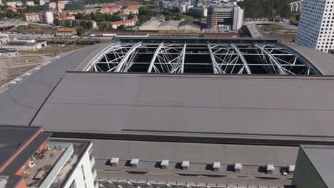 Sweeping-Flyover-Of-Friends-Arena,-Stockholm-With-Roof-Open