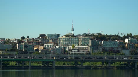 Namsan-Tower-in-Seoul,-Han-river,-Gangbyeon-Expressway-at-Yongsan-gu-district