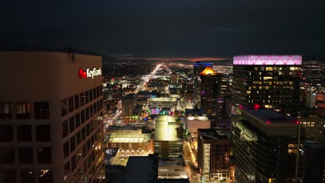 Incredible-Aerial-Close-to-Offices-Buildings-in-Downtown-Salt-Lake-City-Utah-at-Night---Forward-Movement