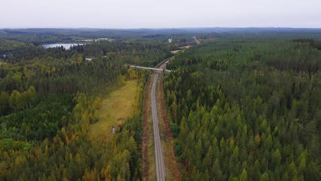 High-altitude-tracking-aerial-drone-view-of-historical-DM7-passenger-train-known-as-"Lättähattu"-traveling-along-the-tracks-with-birch-forests-on-both-sides