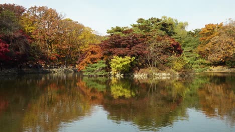 Autumn-Garden-foliage-around-Chundangji-pond-with-Korean-people-walking-around,-Changgyeonggung-Palace,-Seoul-South-Korea