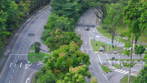 Tráfico-Matutino-En-Anderson-Road,-Hermoso-Bosque-Tropical-Verde