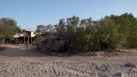 Man-walks-in-hut-shack-near-the-beach-wearing-a-bright-green-t-shirt,-Handheld-medium-shot