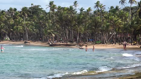 Nudists-enter-the-ocean-at-Tribal-Gathering-festival-beach-near-the-palm-tree-line,-Handheld-telephoto-shot